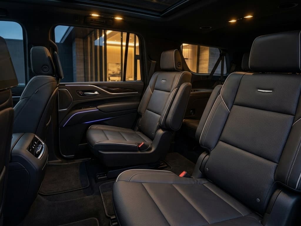 The rear cabin of a black luxury SUV at night, black leather seating lit by warm ambient light.
