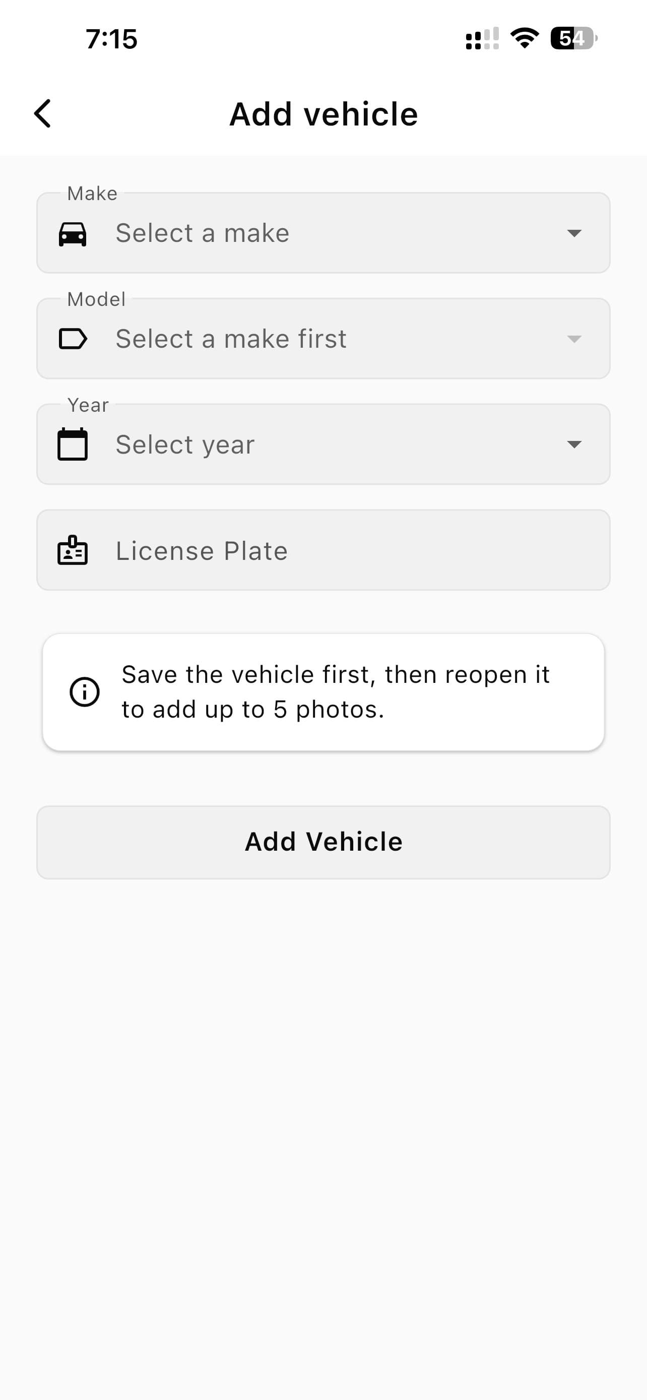 The Add vehicle screen in the Blexor Driver app, with make, model, year and licence plate fields.