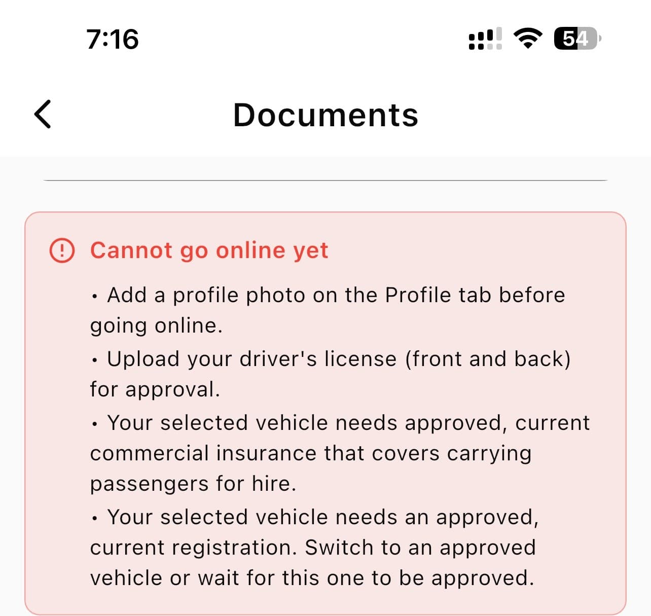 The Documents screen, showing the driver setup checklist and the list of items still blocking going online.