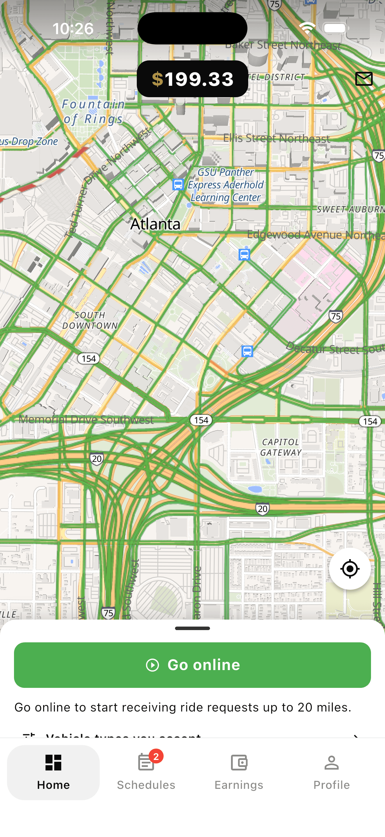 The Blexor driver app's home screen over an Atlanta map, with the Go online button.