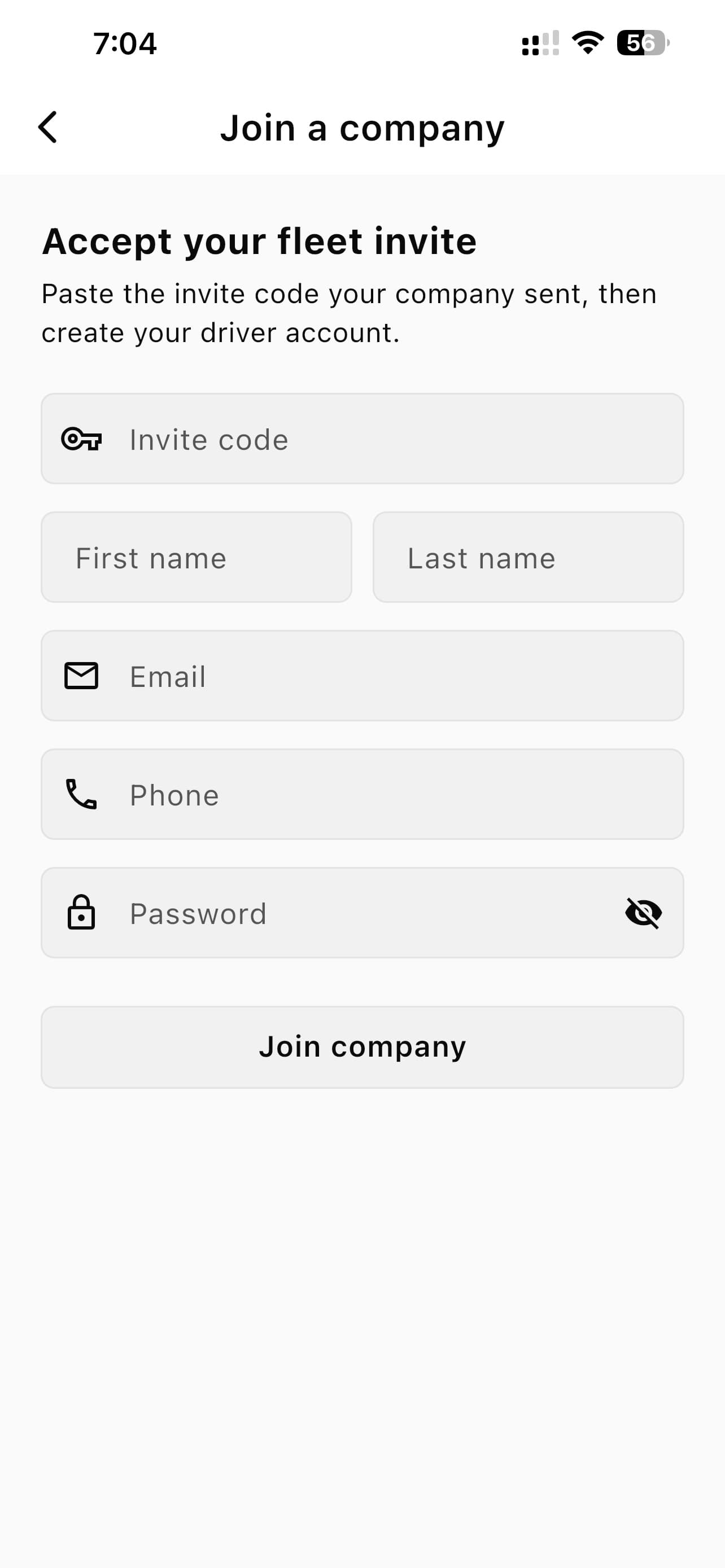 The Join a company screen in the Blexor Driver app, with an invite code field above the fields that create a driver account.