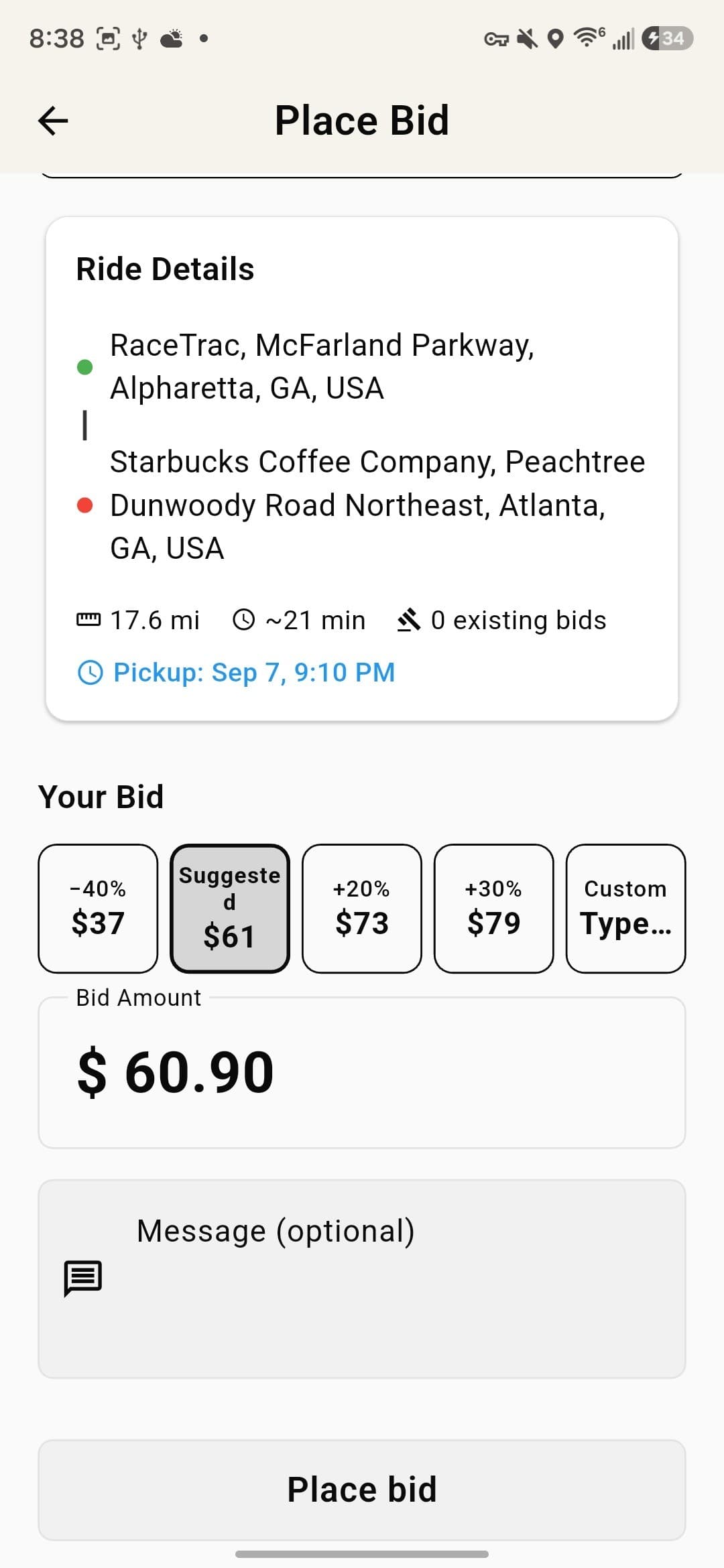The driver app's Place Bid screen, with suggested price presets.