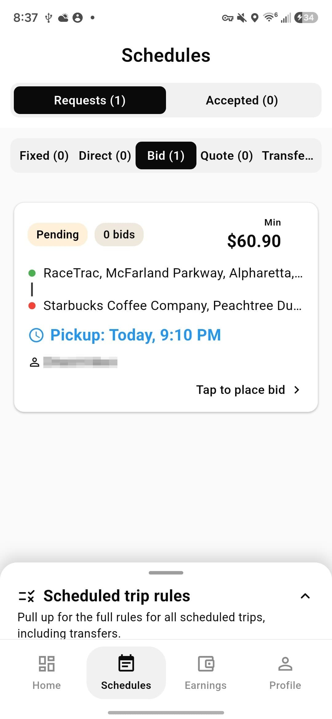 The driver app's scheduled ride requests, grouped by type.