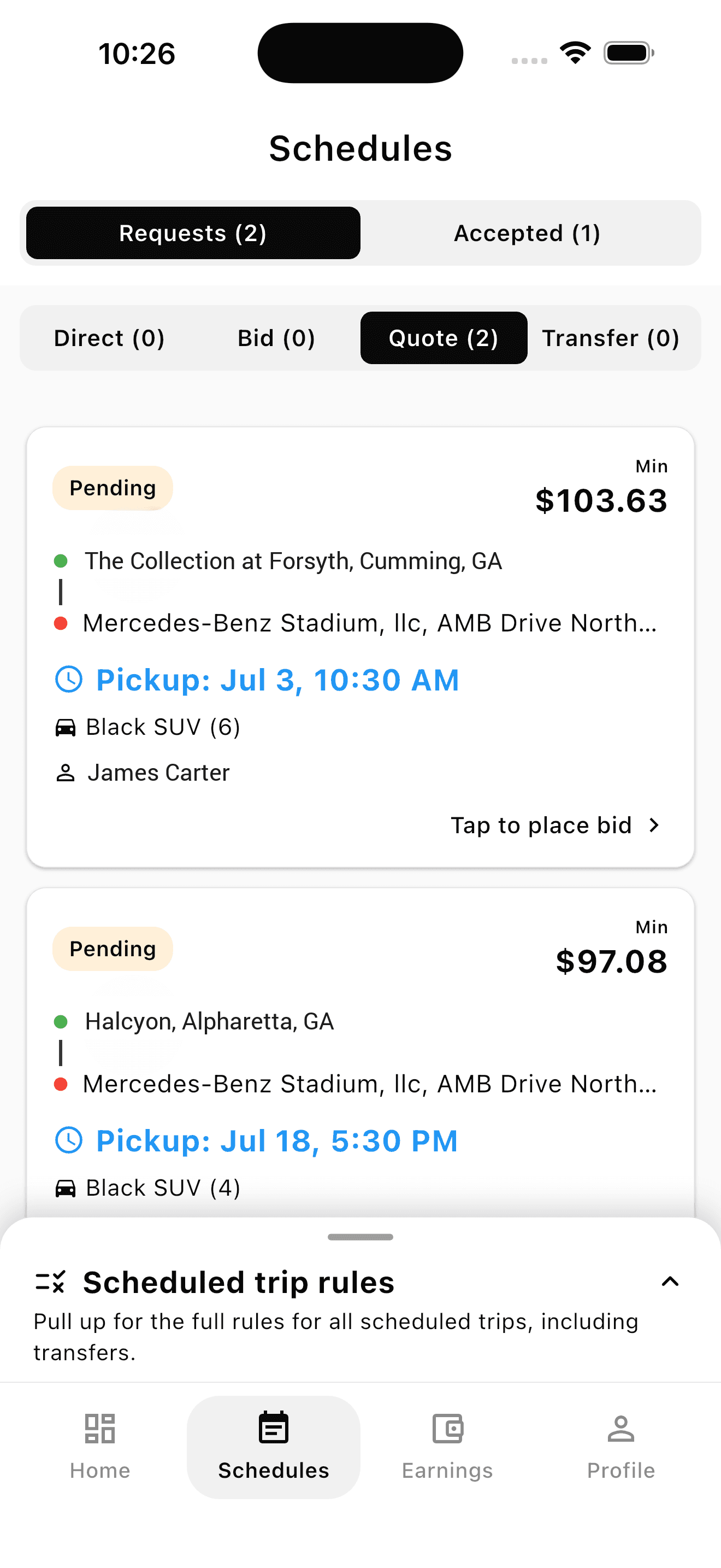 The Blexor driver app showing incoming scheduled trip requests with a minimum price on each.