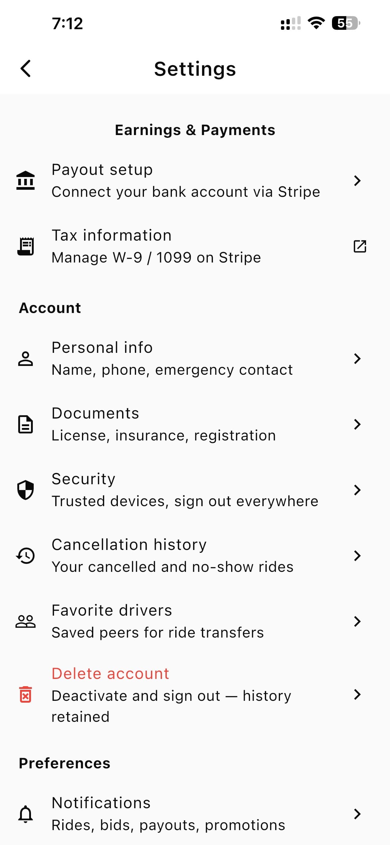 The driver Settings screen, showing the Documents row for licence, insurance and registration.