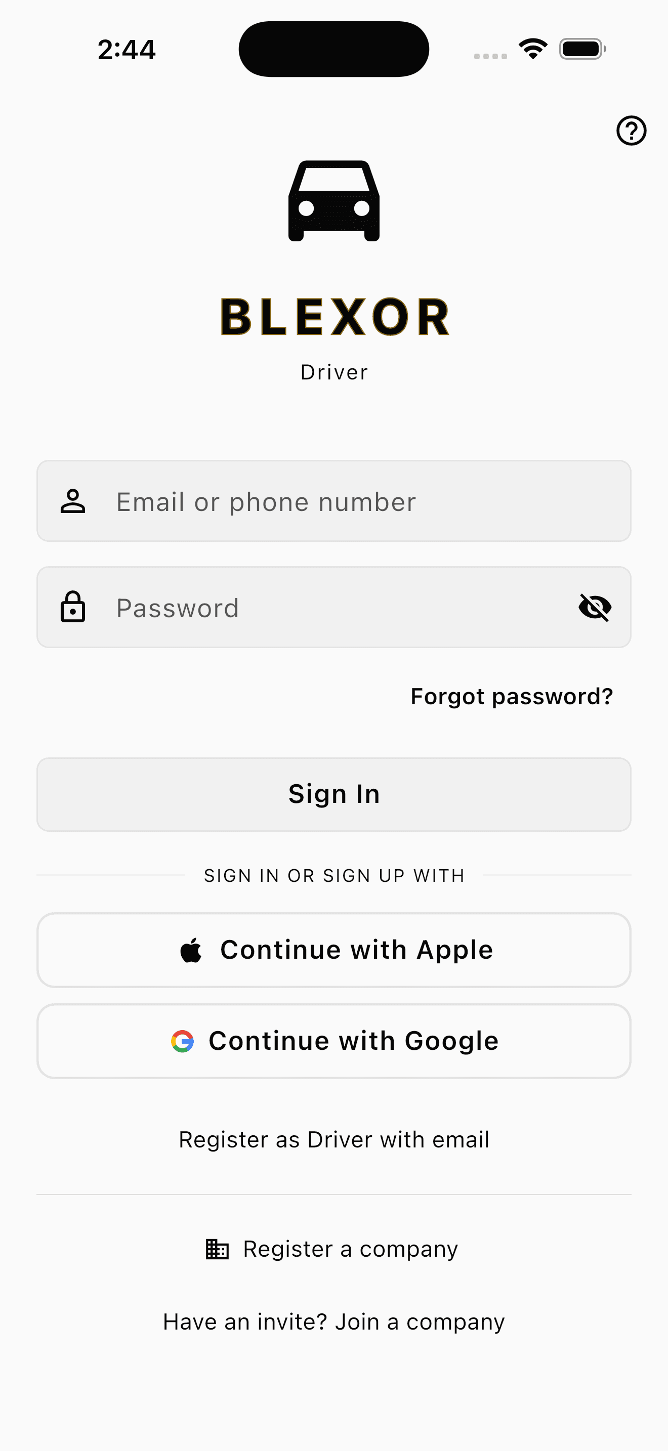 The Blexor Driver app sign-in screen, with links to register a company or join one using an invite.