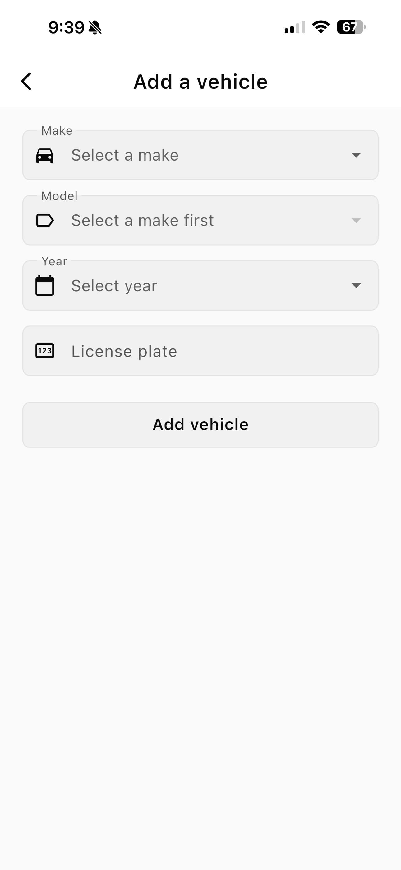 The fleet Add a vehicle form, with make, model, year and licence plate.