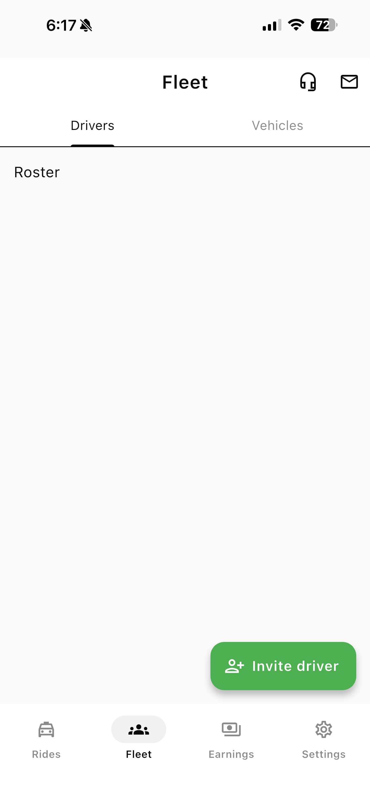 The Blexor Driver app on the Fleet tab, Drivers sub-tab, showing an empty roster and the green Invite driver button.