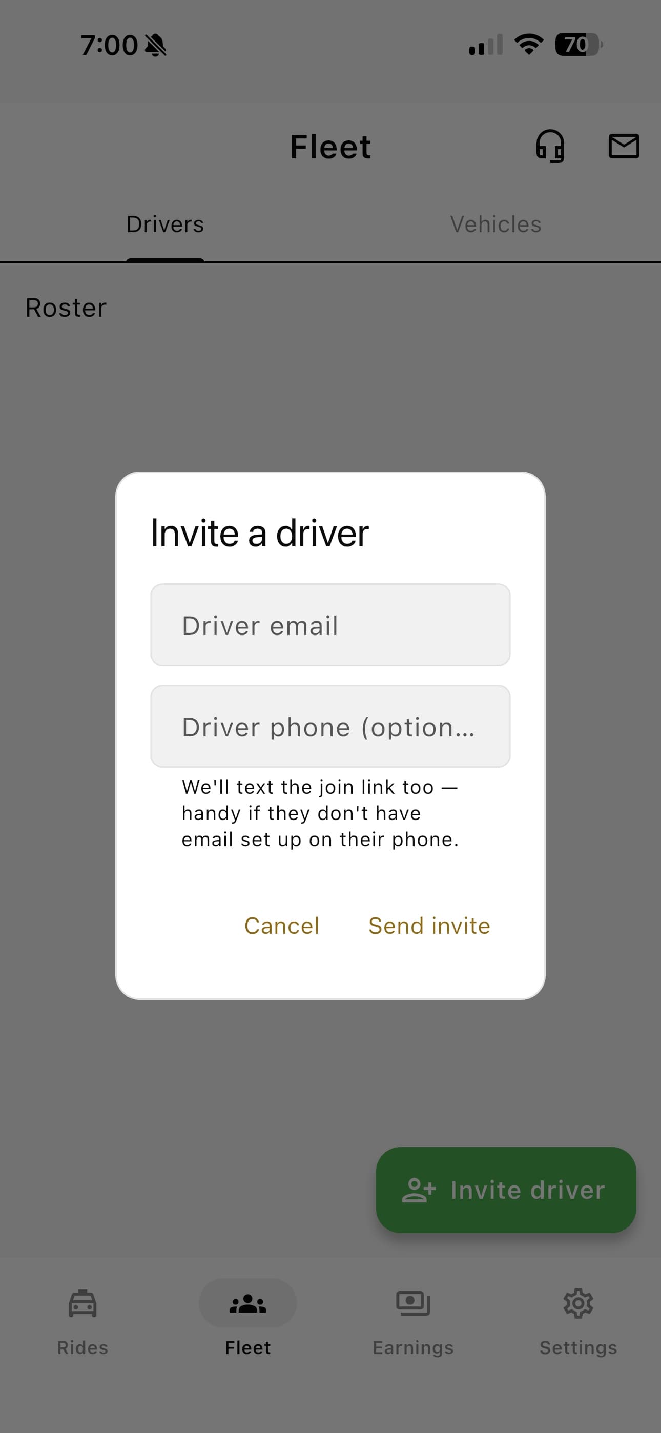 The Invite a driver dialog in the Blexor Driver app, with fields for the driver's email and an optional phone number.