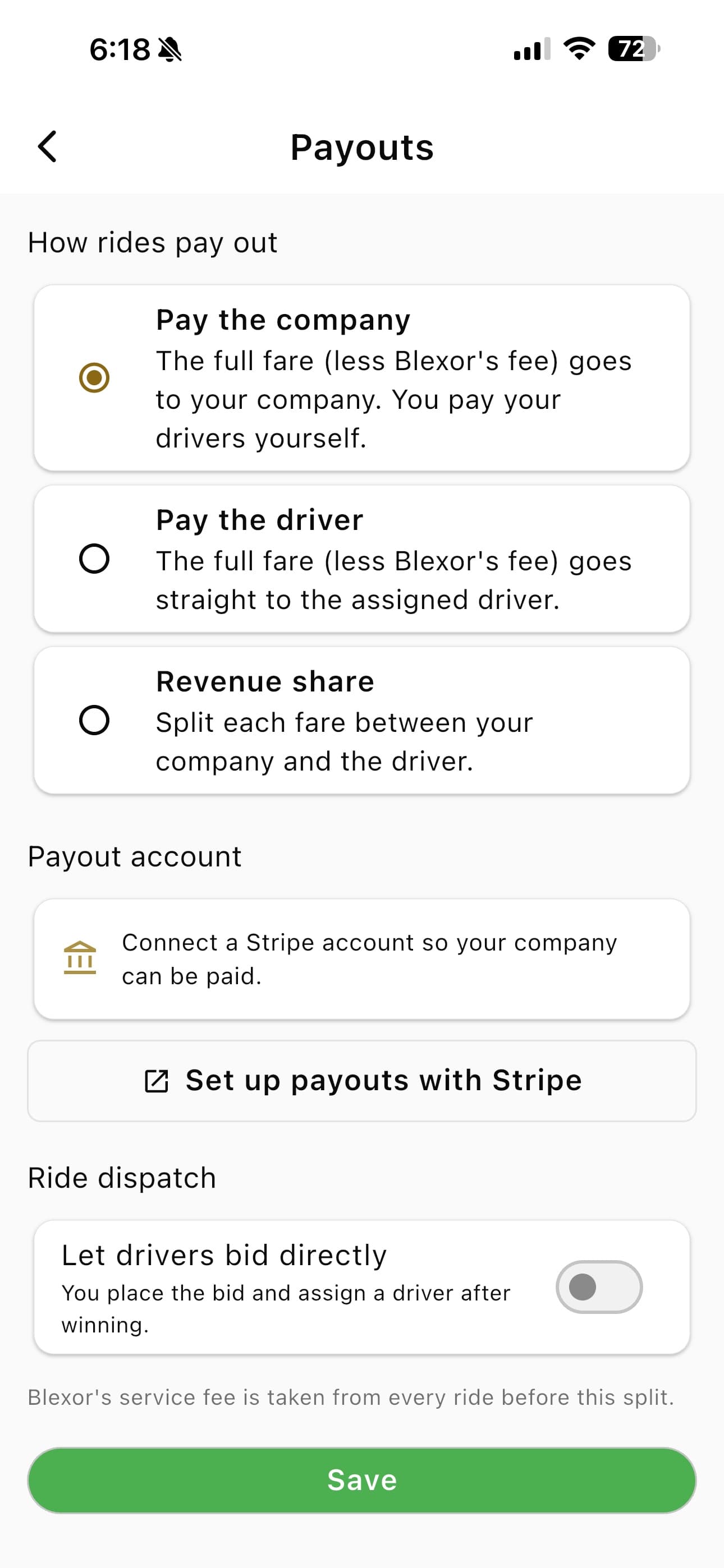 The fleet Payouts settings screen, showing the three ways a company's rides can pay out.