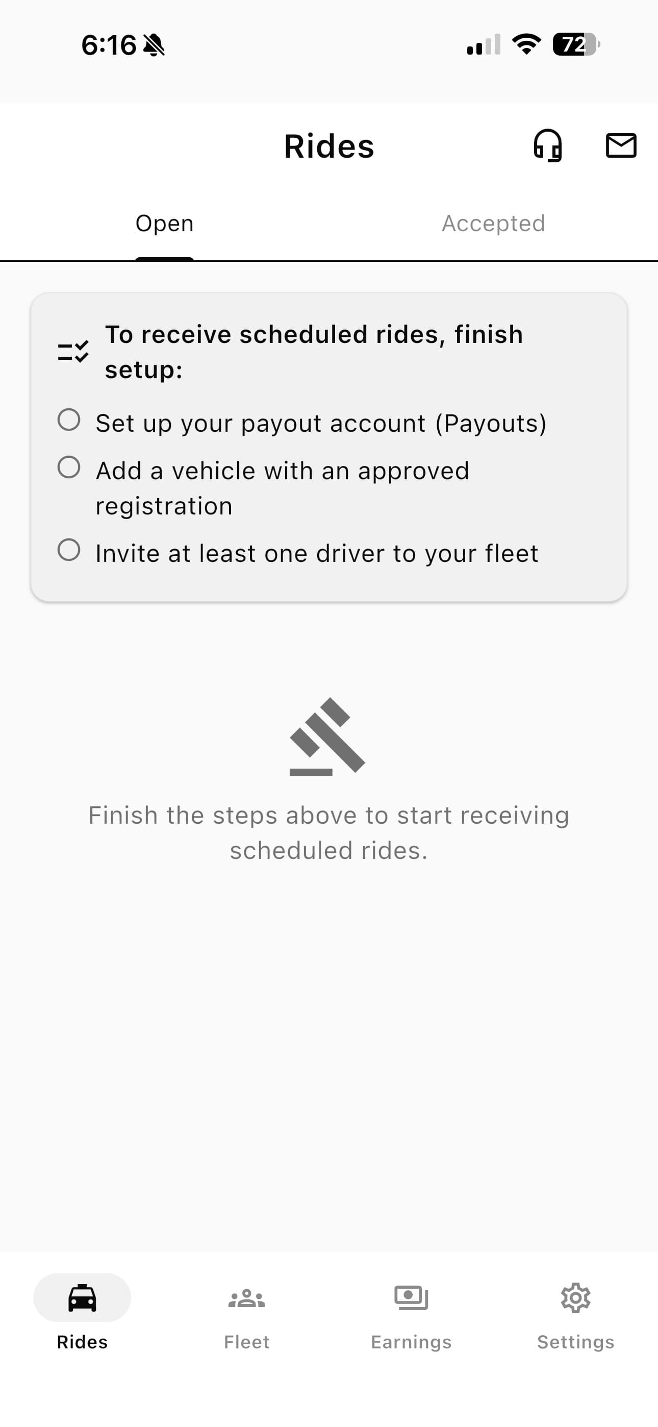 The fleet Rides screen showing the remaining setup steps before scheduled rides are offered.