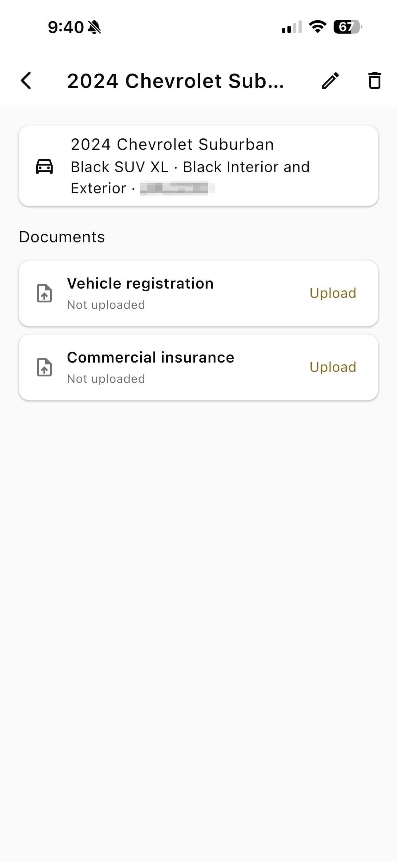 A fleet vehicle's detail screen, showing where its registration and commercial insurance are uploaded.