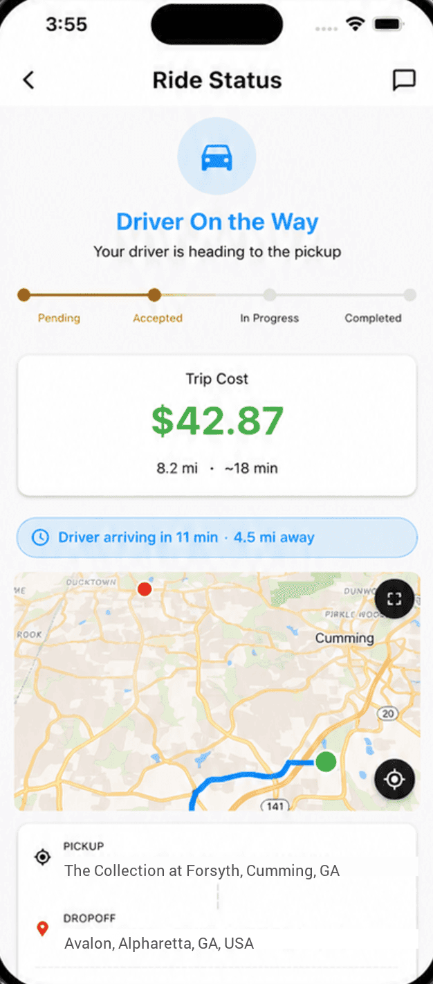 The Blexor rider app tracking a ride in progress, showing trip cost and the driver's route.