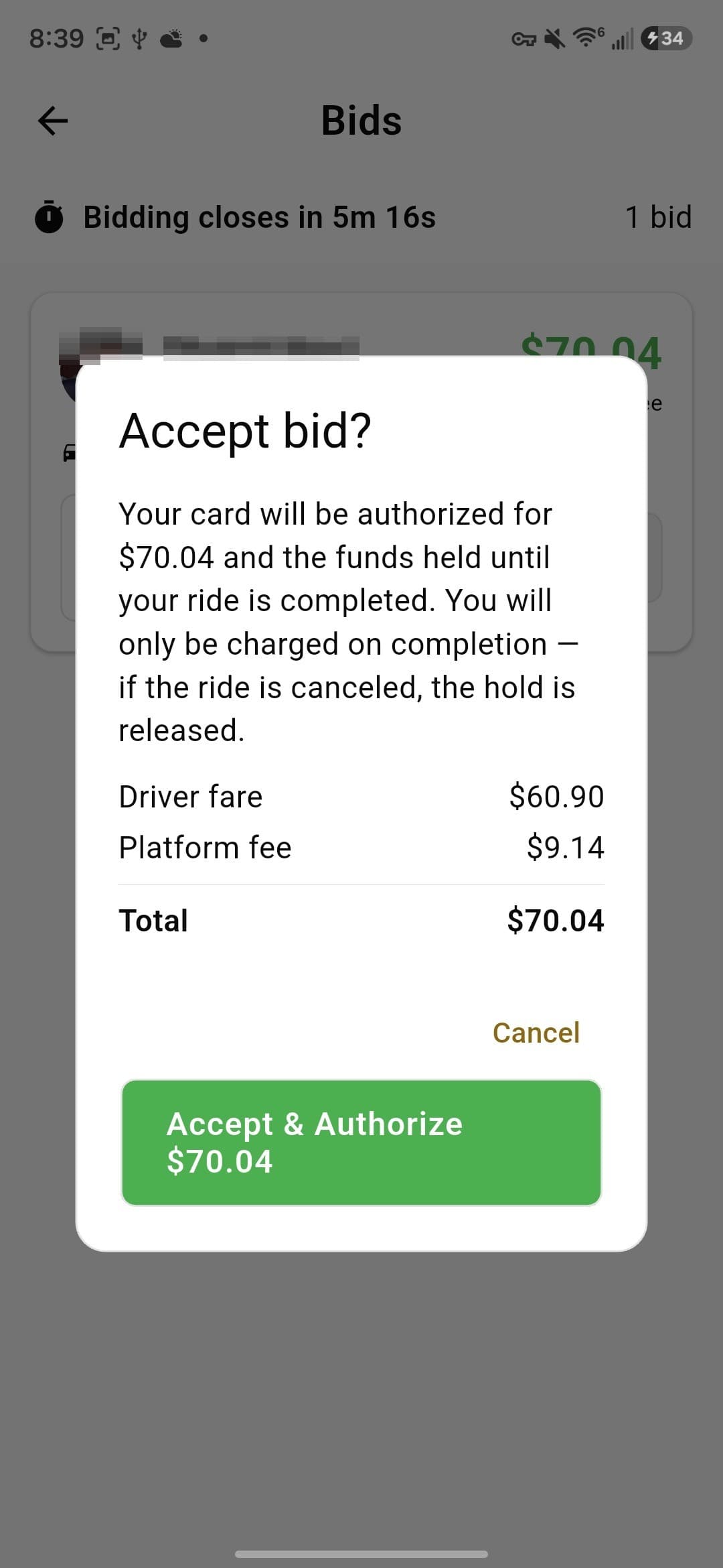 Accepting a bid, showing the driver fare, the platform fee and the total.