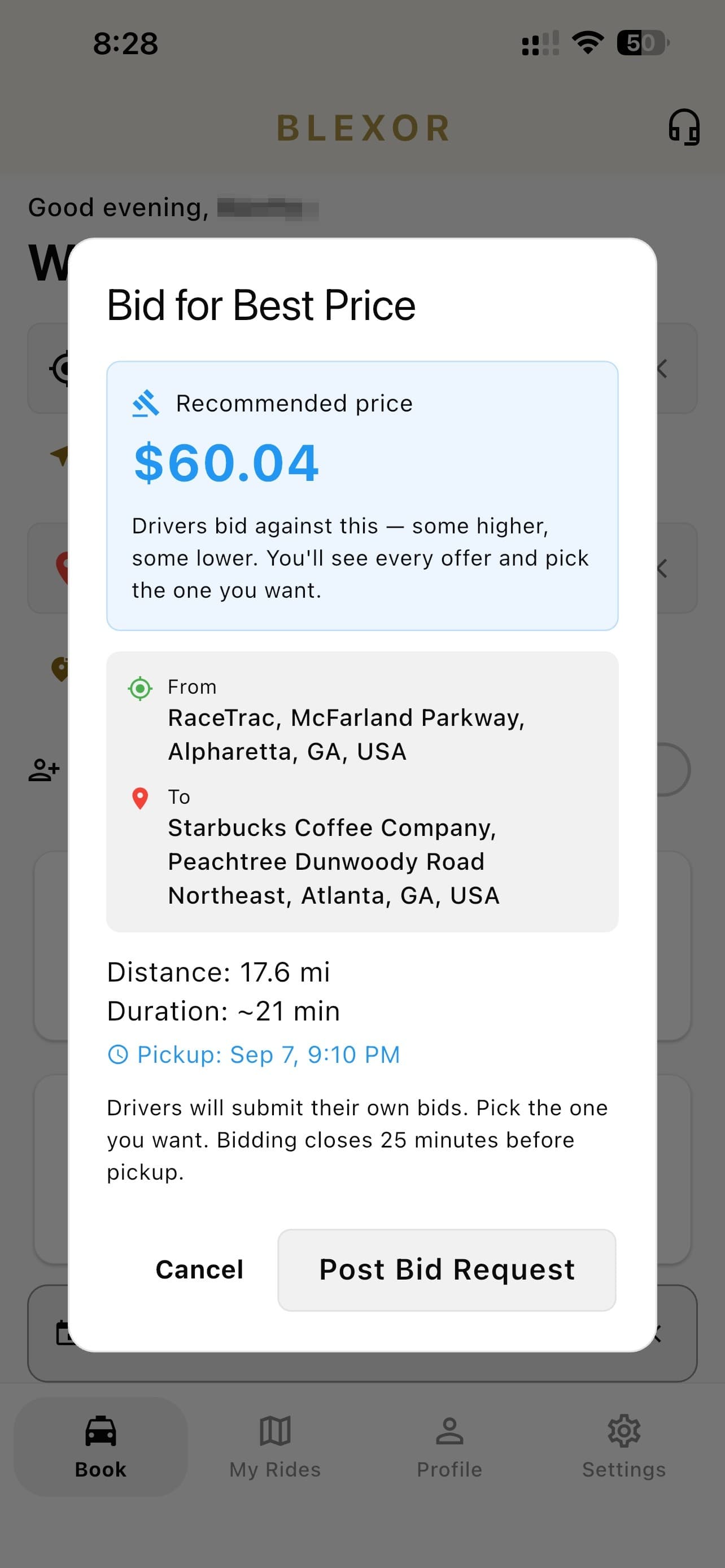 The Bid for Best Price dialog, showing the recommended price and trip details.