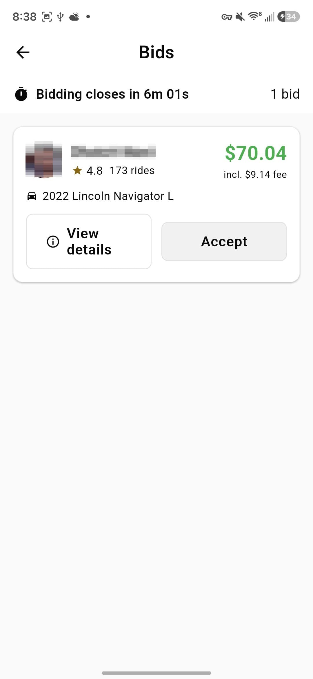 Incoming bids on a scheduled trip, each showing the driver's rating and the total price.