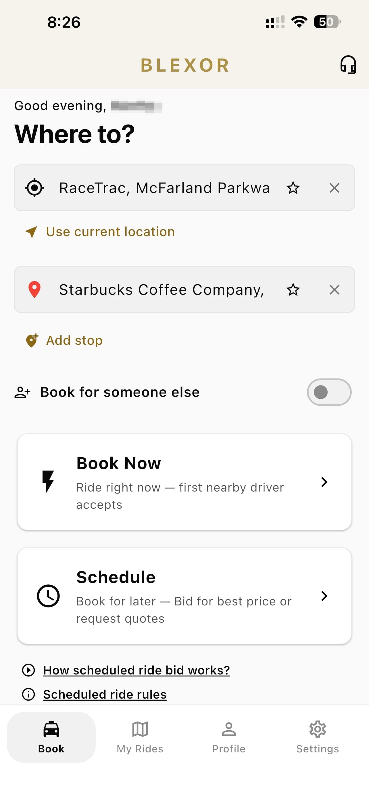 The Blexor rider app's booking screen, with pickup and destination entered and the Book Now and Schedule choices.