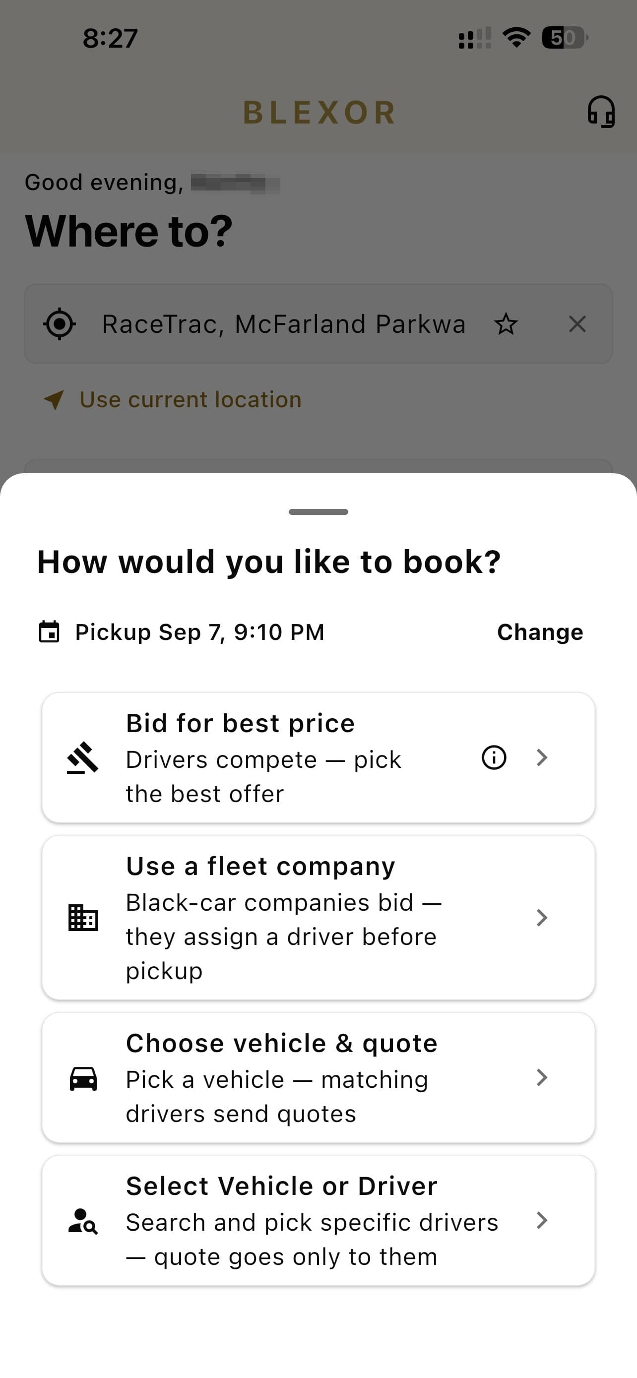 The rider app's four ways to book a scheduled trip.